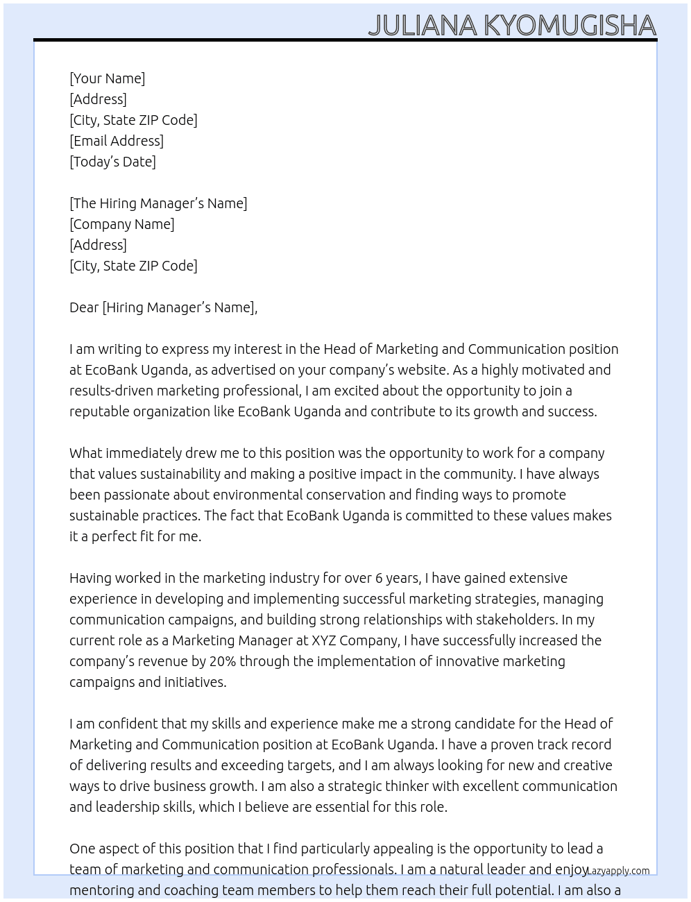 Head of Marketing and Communication At EcoBank Uganda Cover Letter