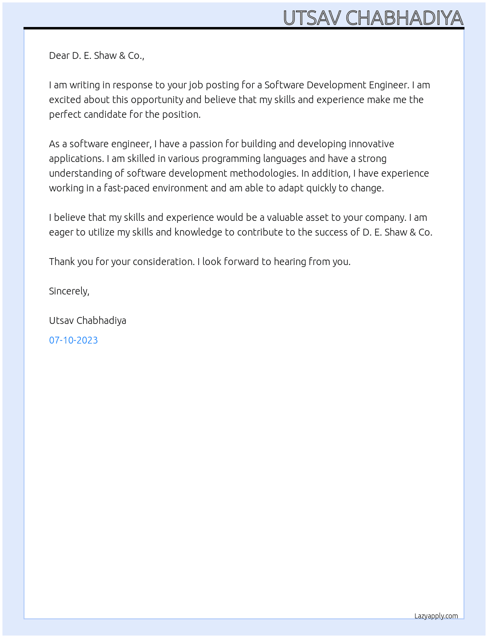Software Development Engineer At D. E. Shaw & Co. Cover Letter