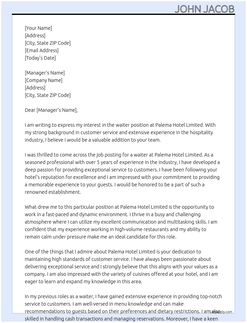 waiter At palema hotel limited Cover Letter