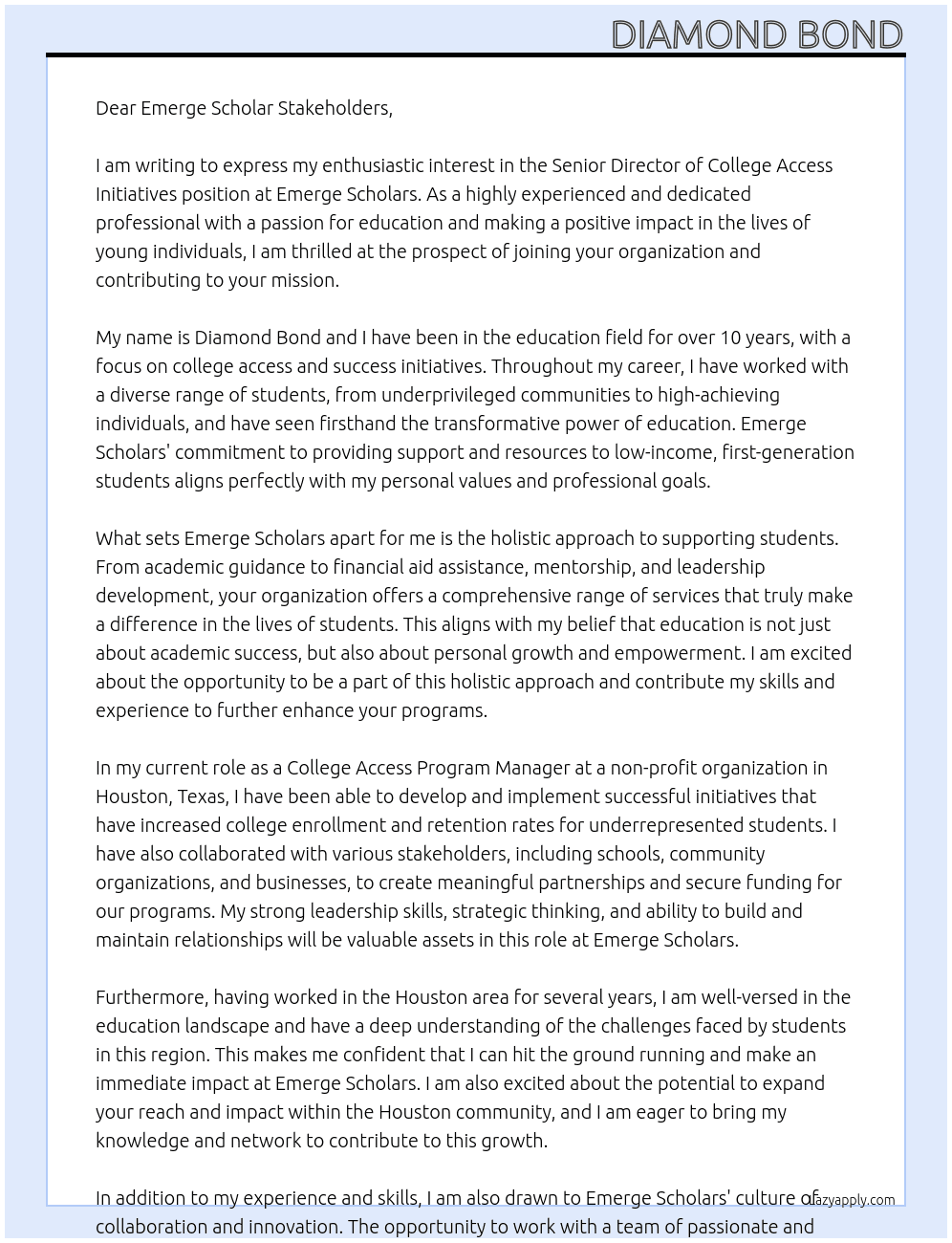 Senior Director of College Access Initiatives At Emerge Scholars Cover Letter