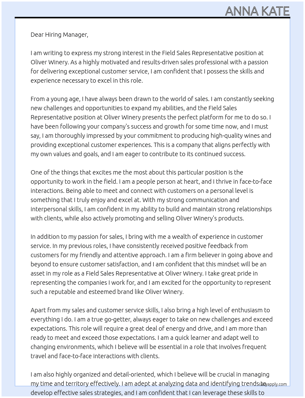 Field Sales Representative  At Oliver Winery Cover Letter