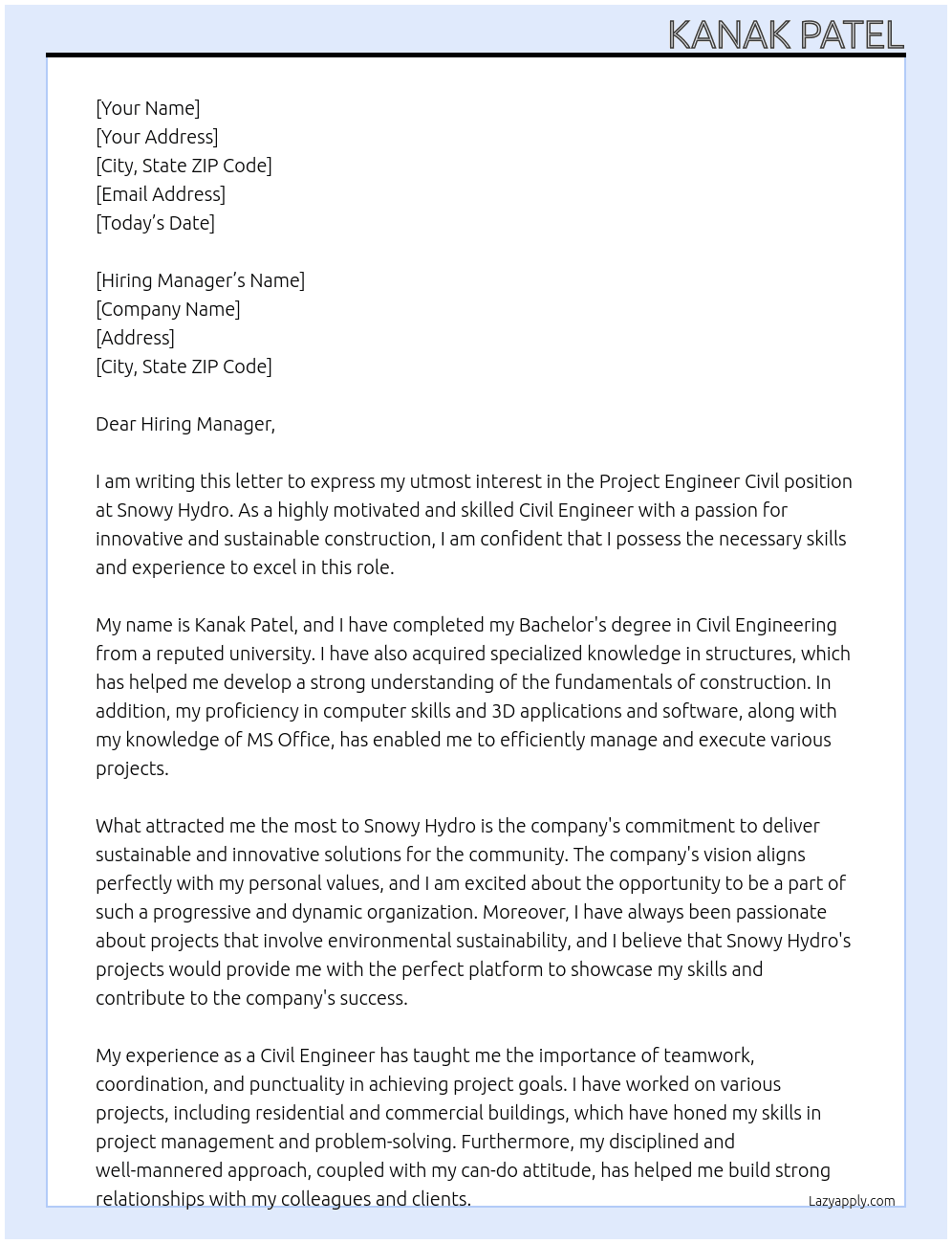 Project Engineer civil At Snowy hydro  Cover Letter