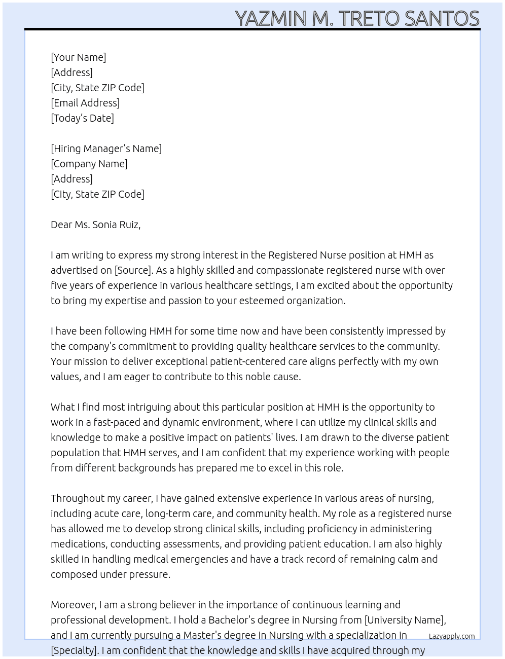 registered nurse  At HMH Cover Letter