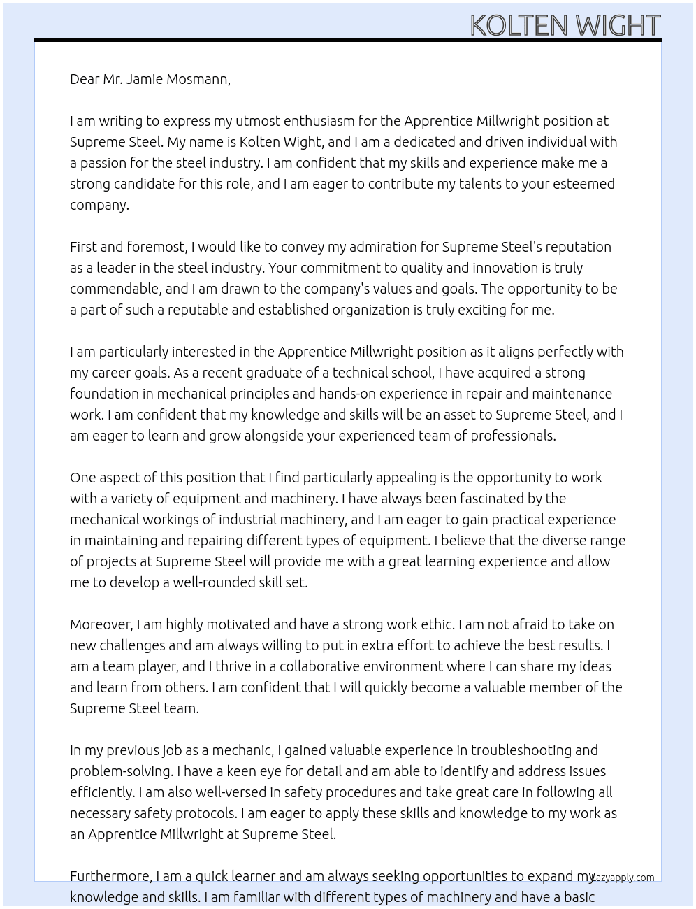 Apprentice Millwright At  Supreme Steel Cover Letter