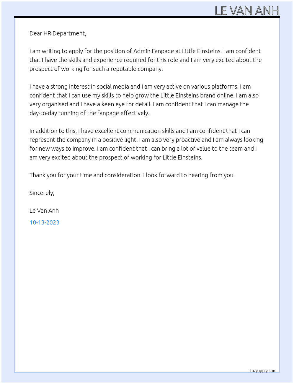 ADMIN FANPAGE At Little Einsteins Cover Letter