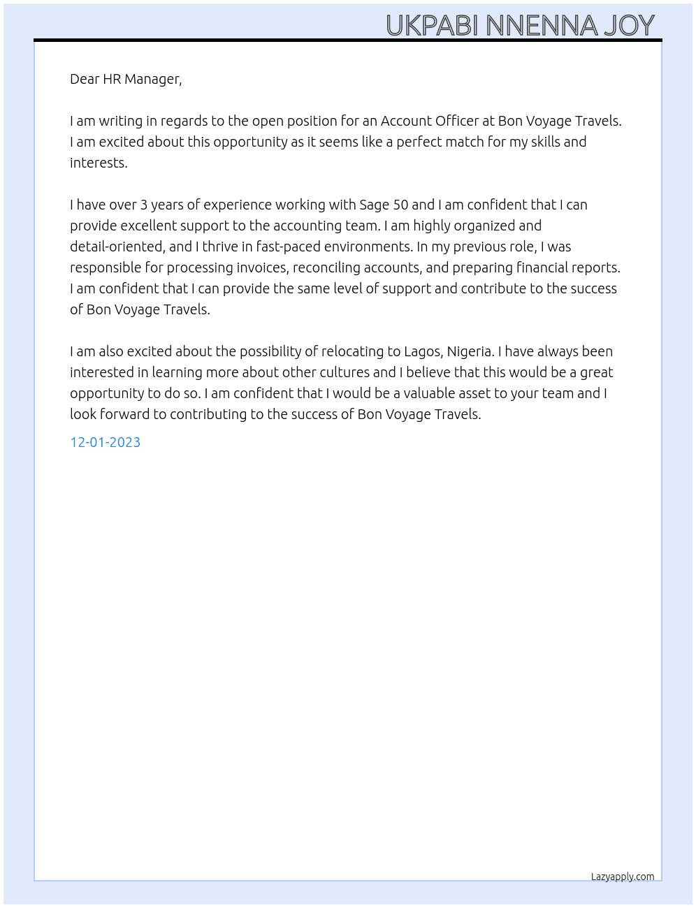 ACCOUNT OFFICER  At BON VOYAGE TRAVELS  Cover Letter