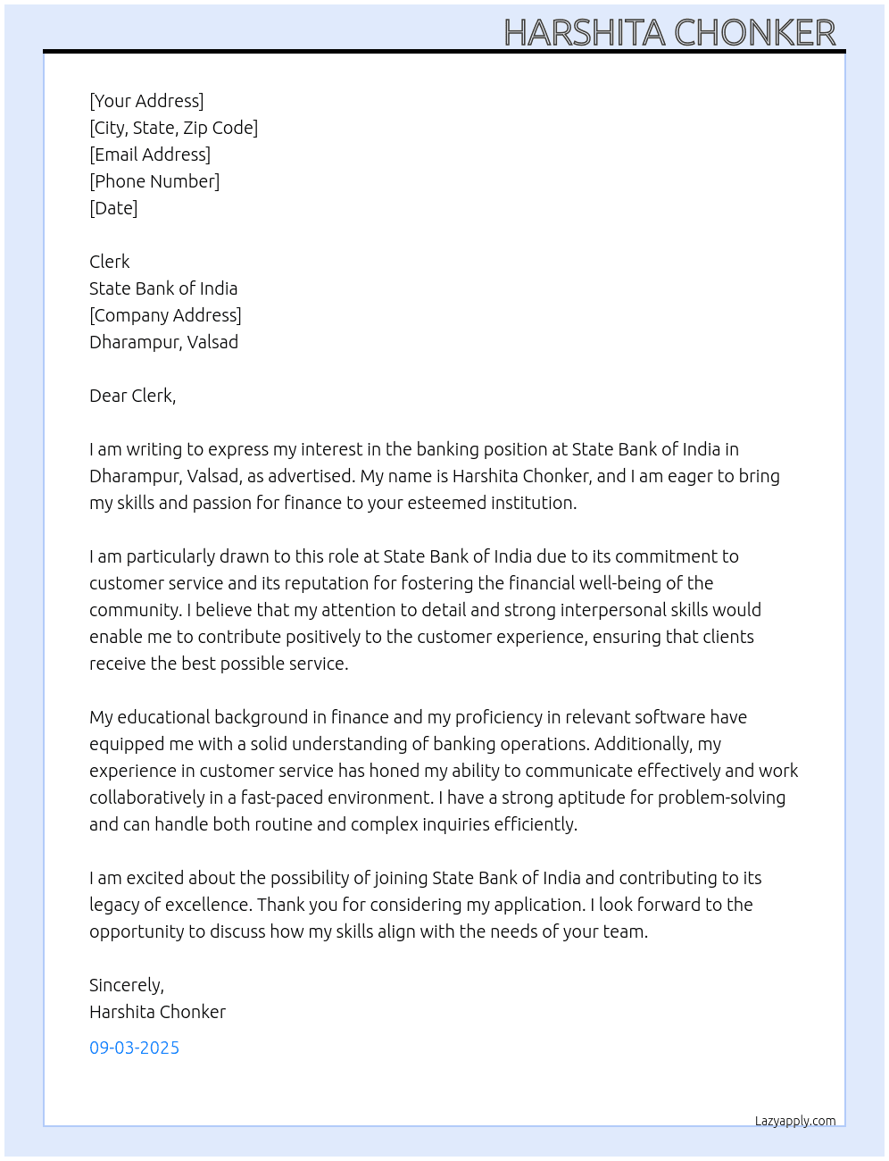 Bank  At State Bank of India  Cover Letter