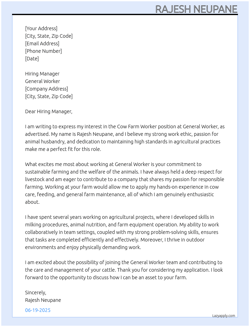 Cover letter for cow farm worker - LazyApply