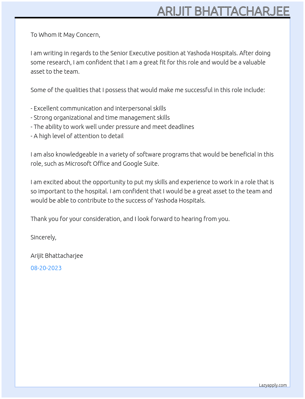 Senior Executive At Yashoda Hospitals Cover Letter