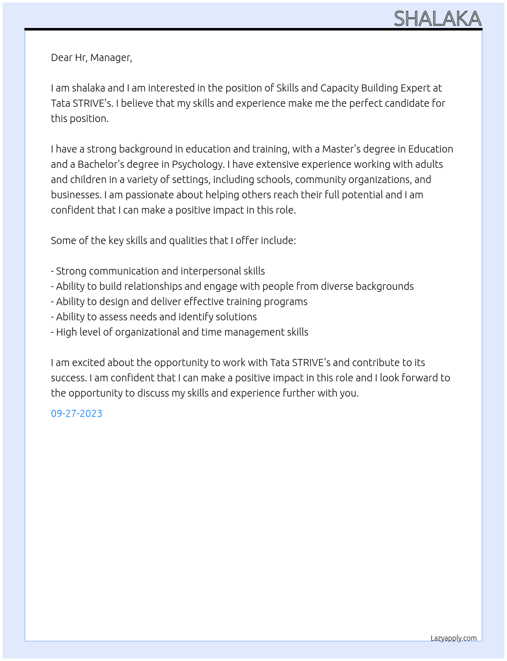Skills and Capacity Building Expert At Tata STRIVE's Cover Letter