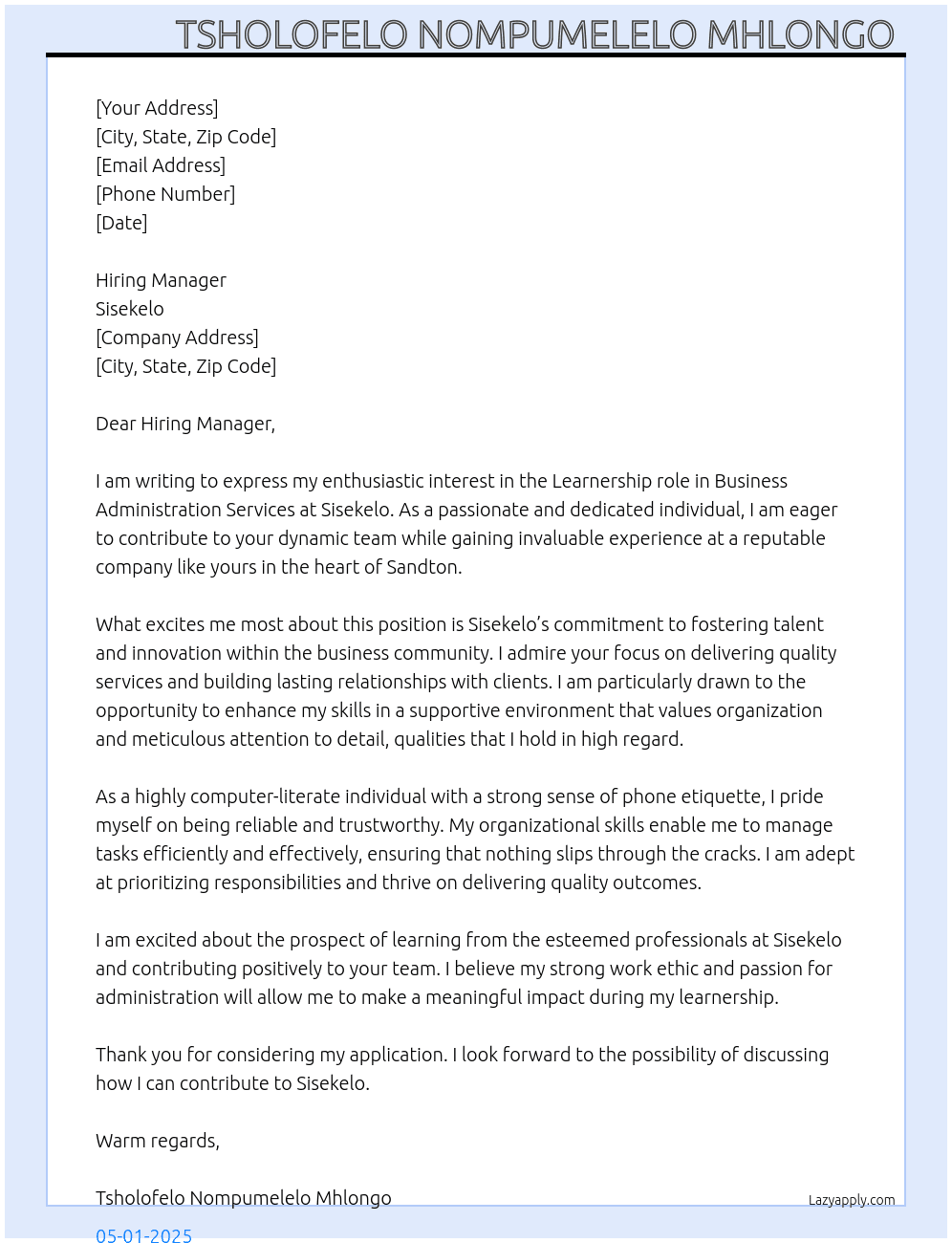 Business Administration Services At Sisekelo  Cover Letter