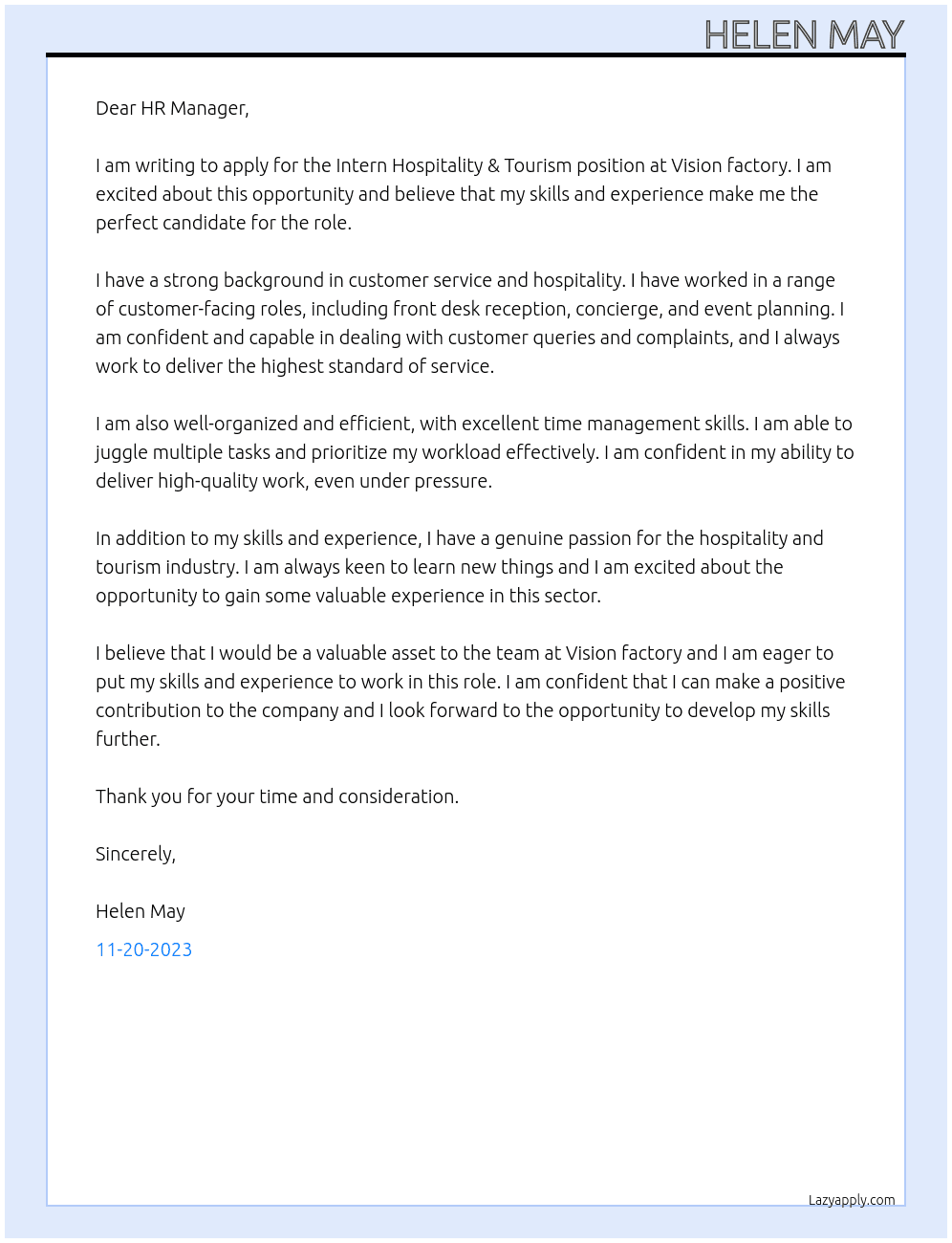 Intern Hospitality & Tourism At Vision factory Cover Letter