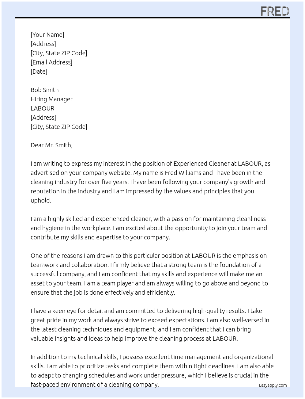 Experienced Cleaner At LABOUR Cover Letter