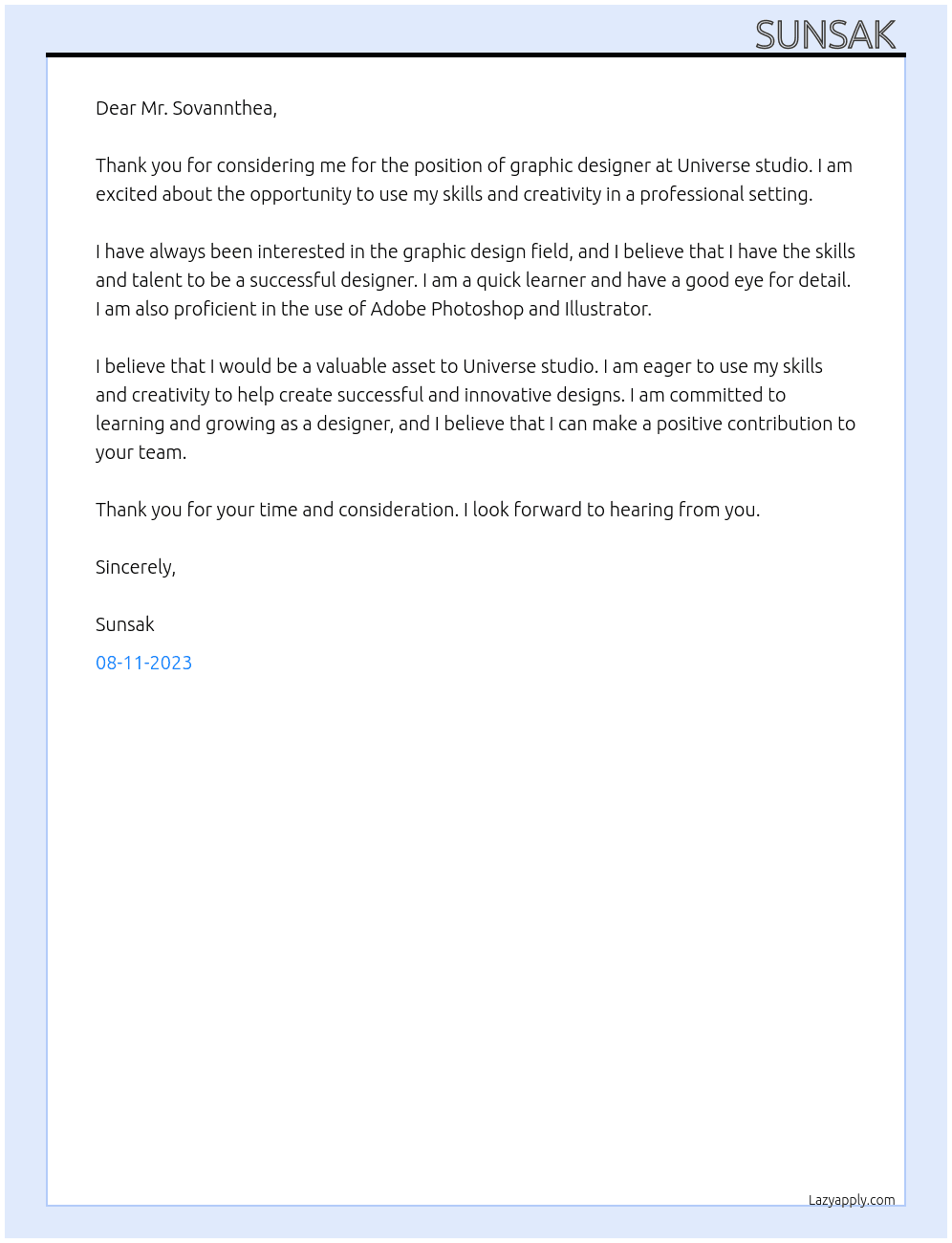 Graphic designer  At Universe studio Cover Letter