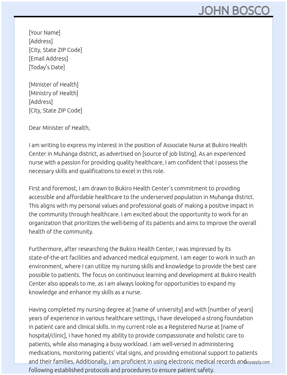 Associate nurse  At Bukiro Health Center  Cover Letter