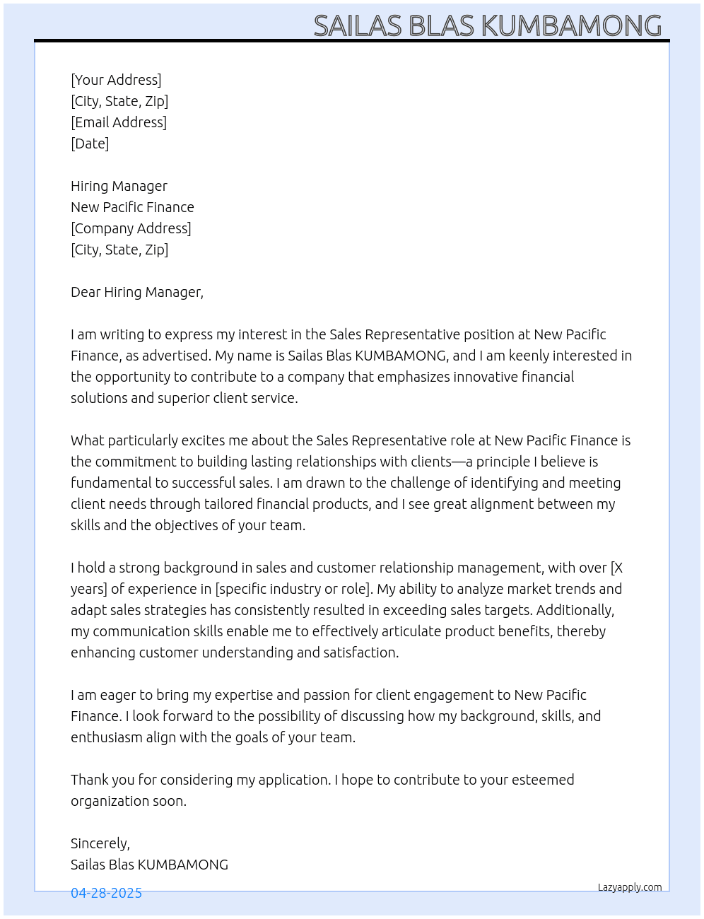 Sales Representative  At New pacific finance Cover Letter