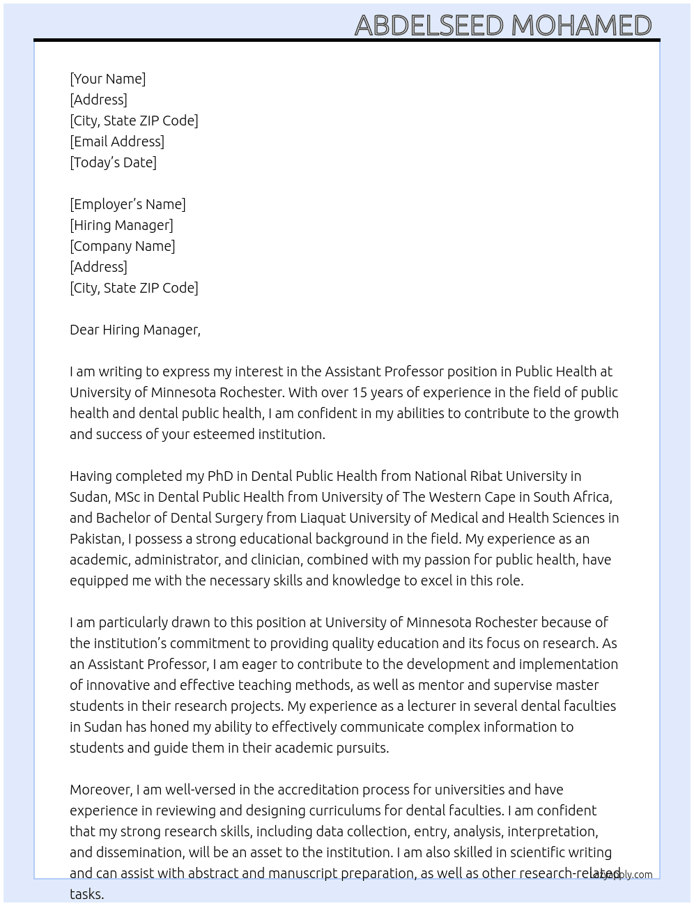 Assistant Professor - Public Health At University of Minnesota Rochester  Cover Letter