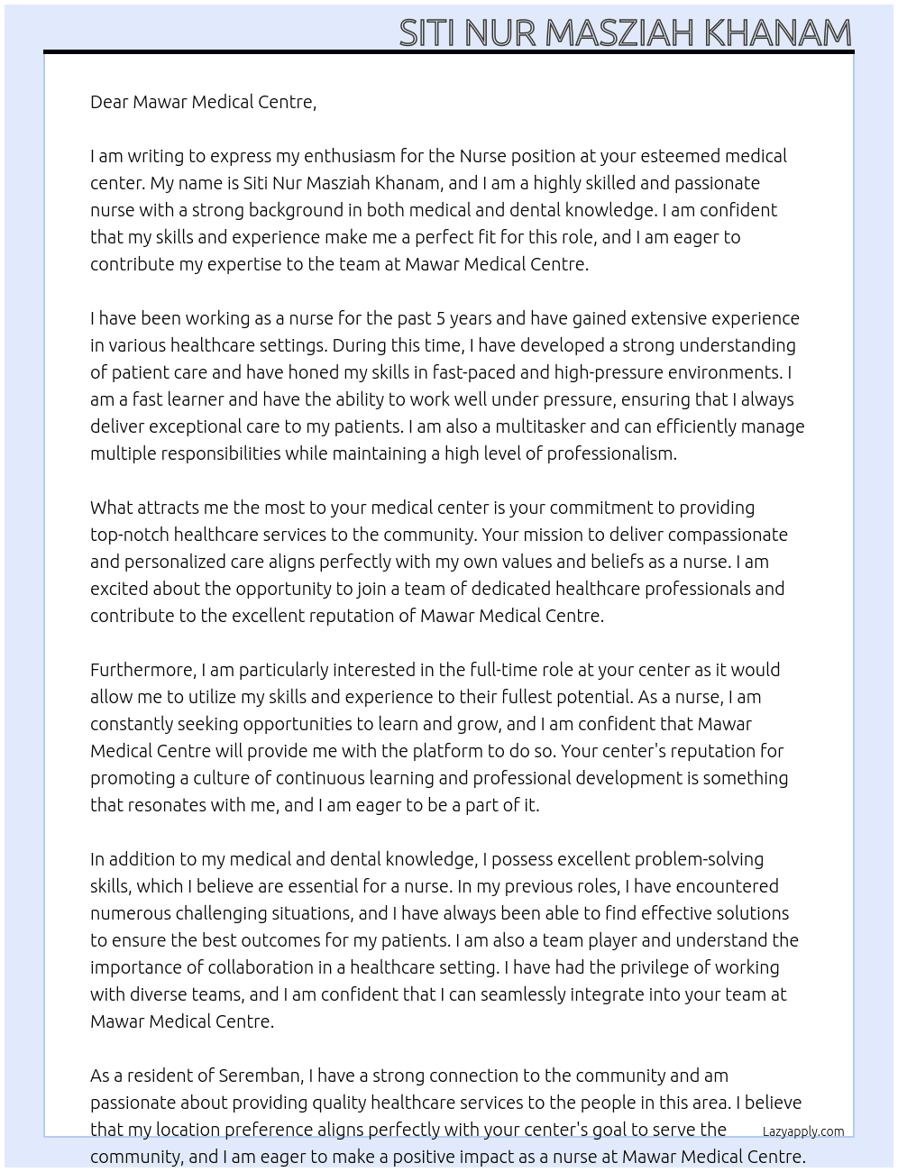 NURSE  At MAWAR MEDICAL CENTRE Cover Letter