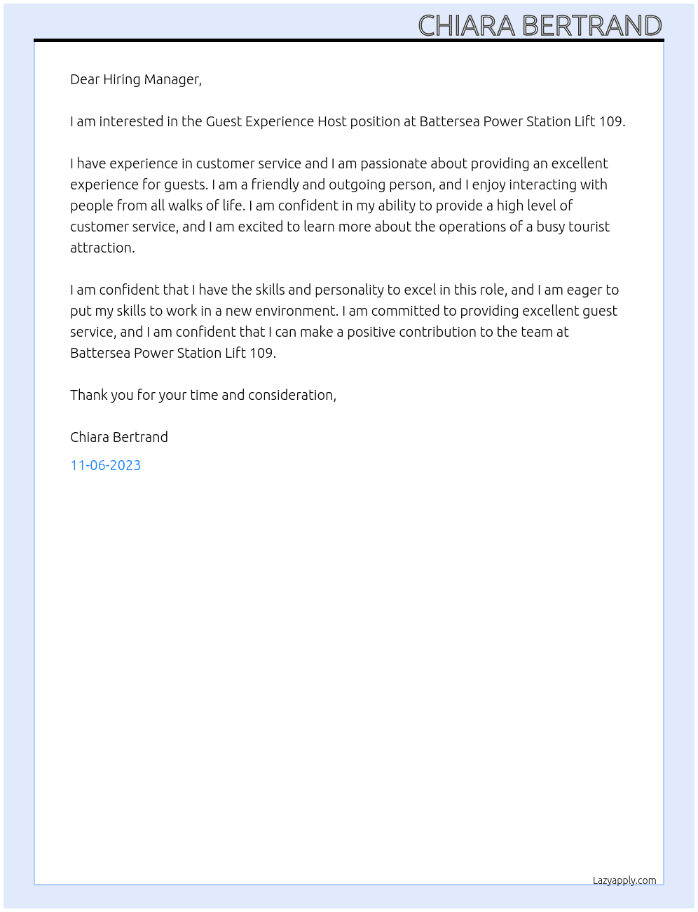 Guest Experience Host At Battersea Power Station Lift 109 Cover Letter