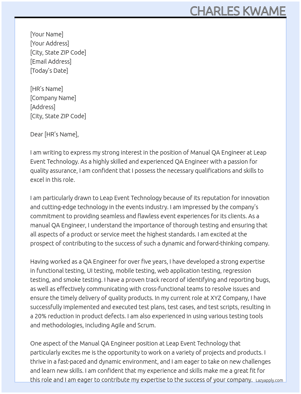 manual QA Engineer At Leap Event Technology Cover Letter
