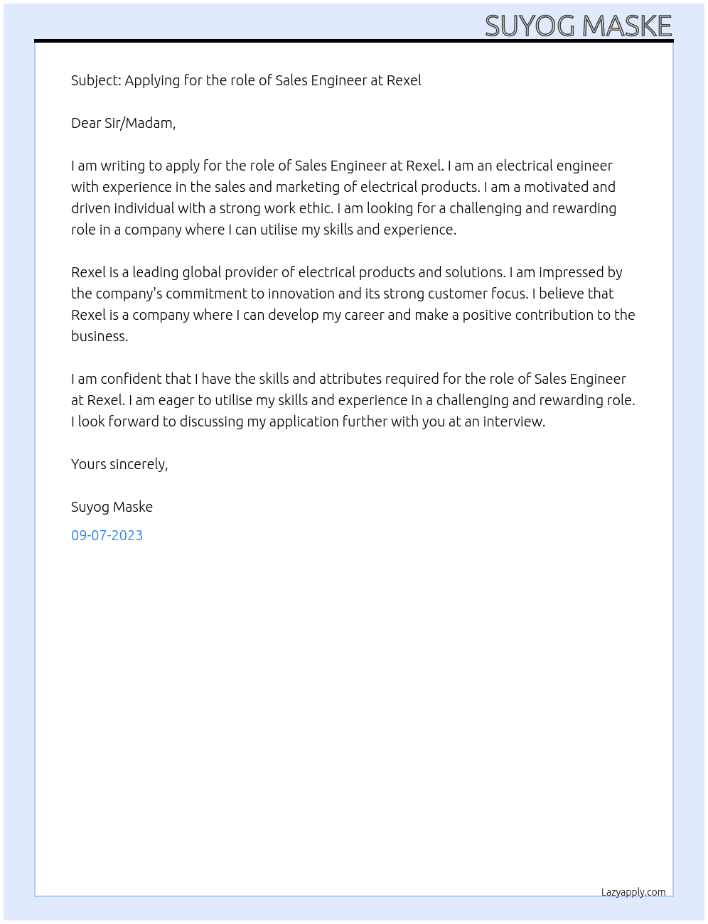 Sales engineer  At Rexel Cover Letter