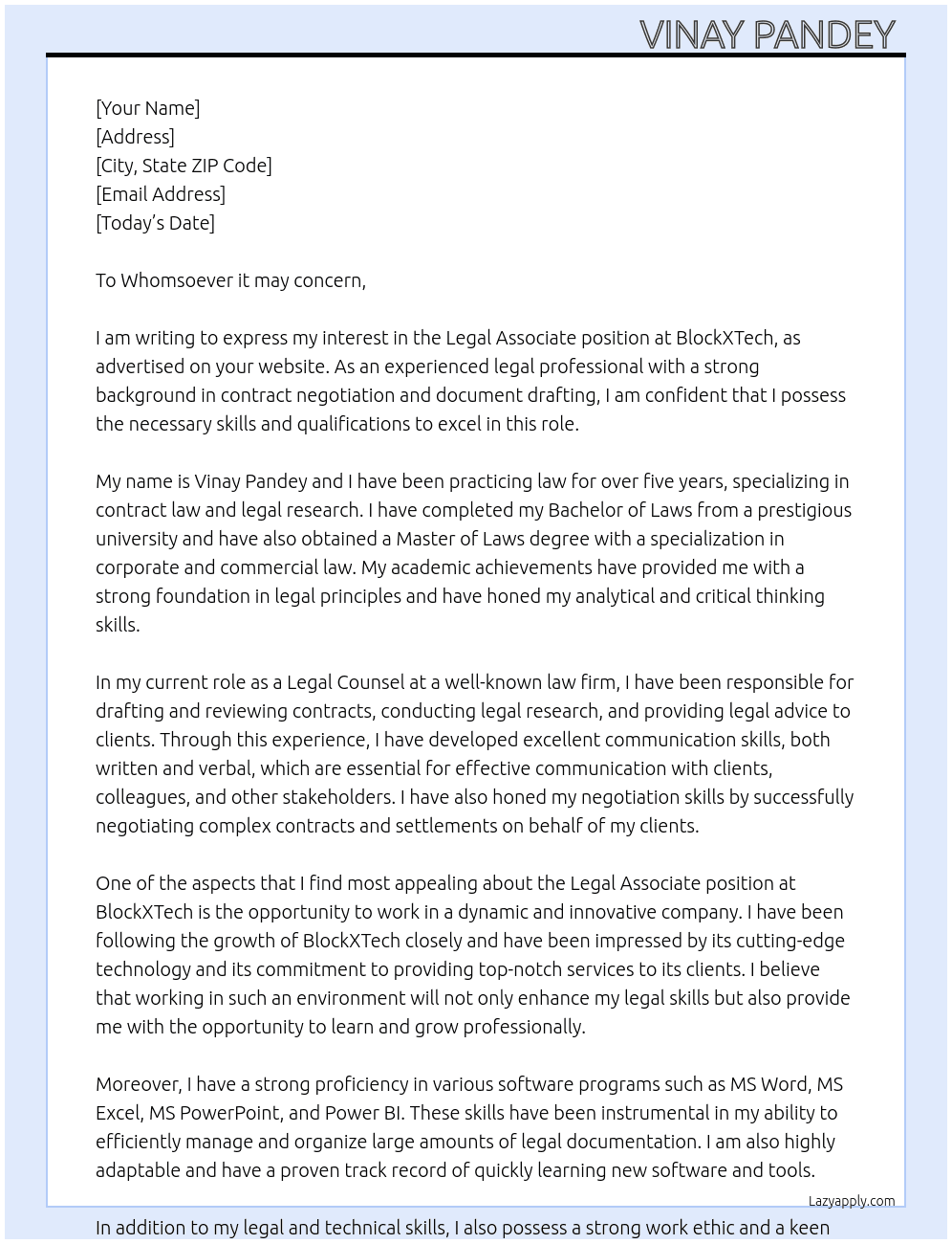 Legal Associate  At BlockXTech Cover Letter