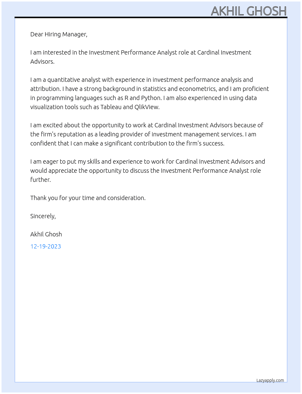 Investment Performance Analyst At Cardinal Investment Advisors Cover Letter
