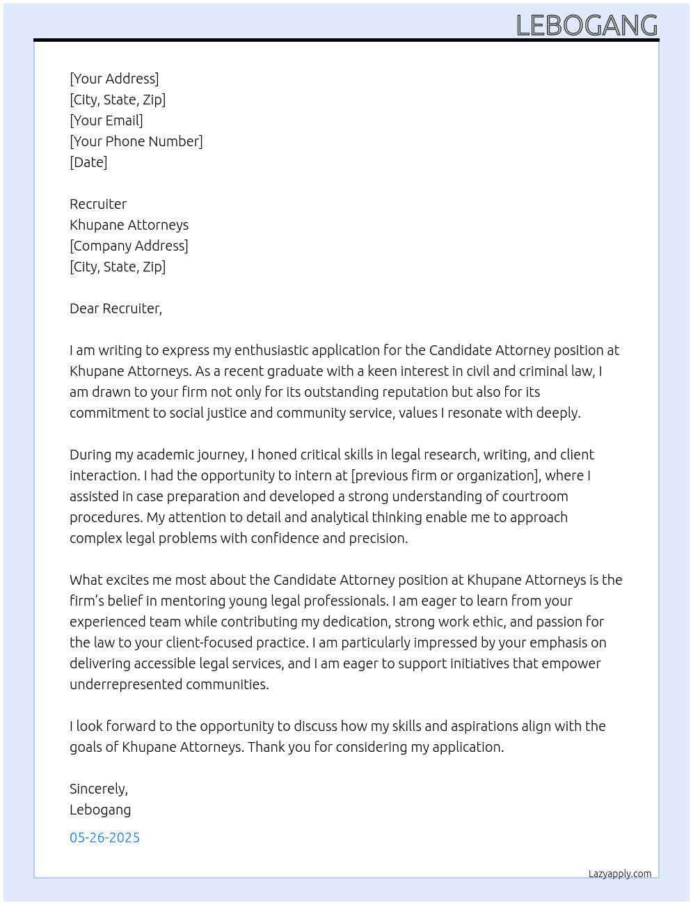 Candidate attorney  At Khupane attorneys  Cover Letter