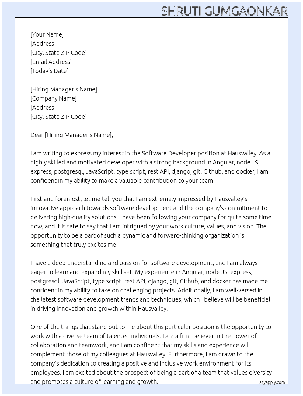 Software developer  At Hausvalley Cover Letter