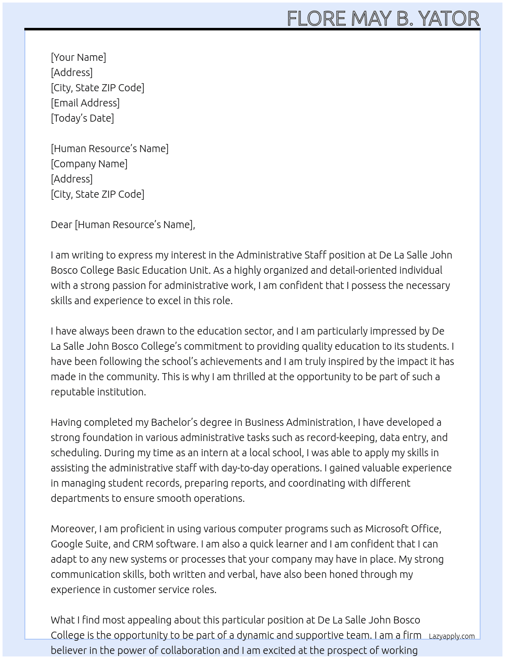 administrative staff At De La Salle John Bosco College Basic Education Unit Cover Letter