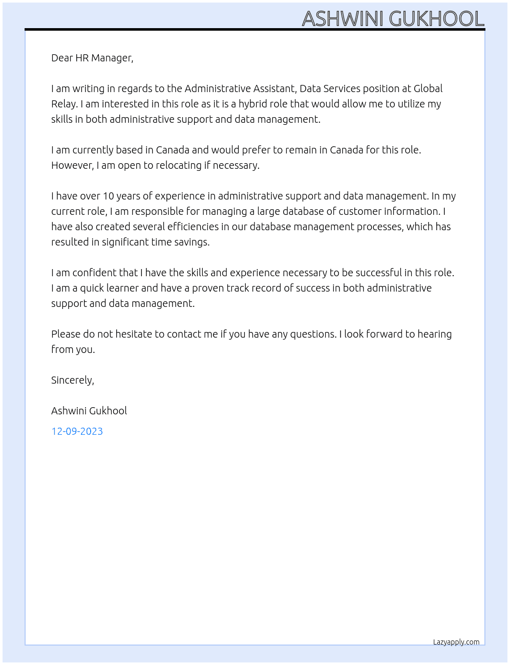 Administrative Assistant, Data Services At Global Relay Cover Letter