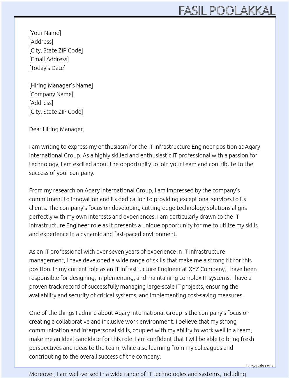 IT Infrastructure Engineer At Aqary International Group Cover Letter