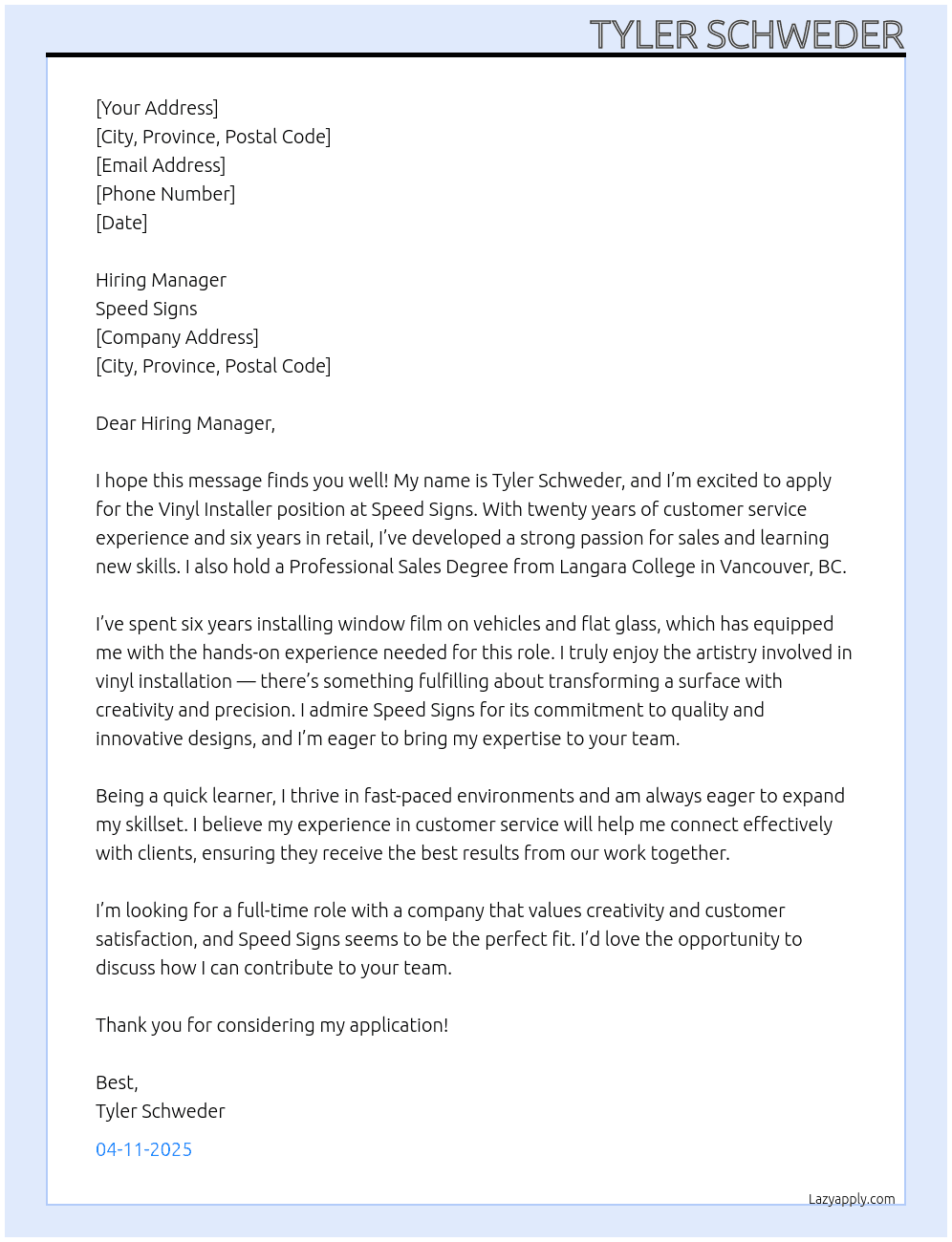 Vinyl Installer At Speed signs Cover Letter