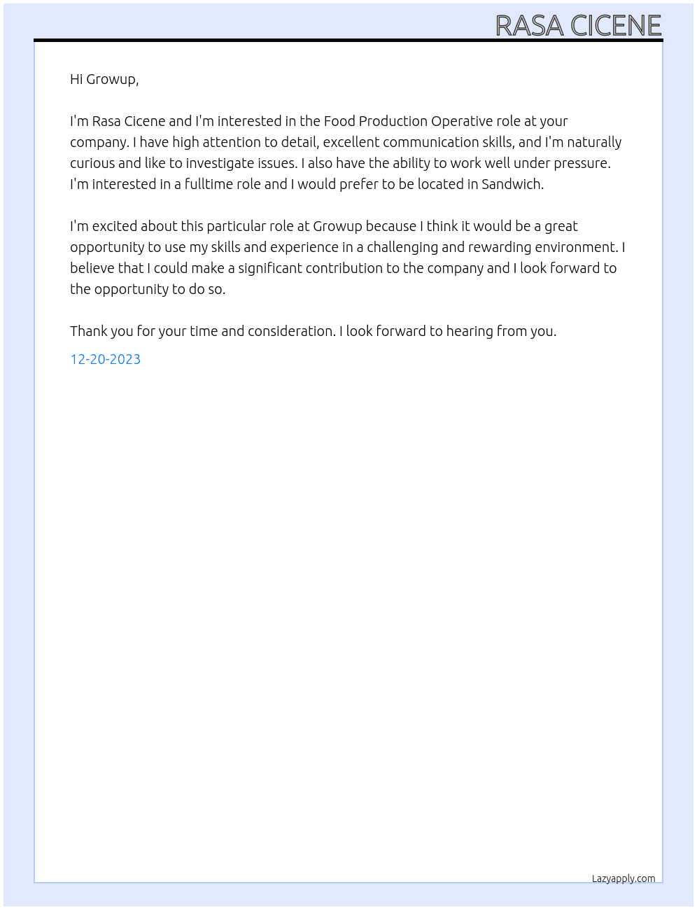 Food Production Operative At Growup Cover Letter