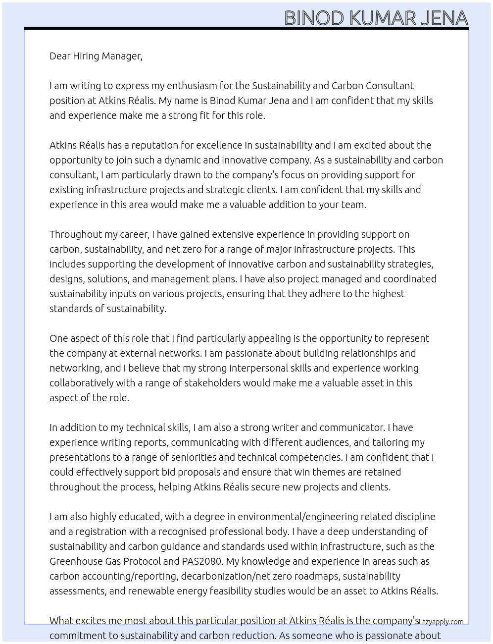 Sustainability and carbon consultant At Atkins Réalis Cover Letter