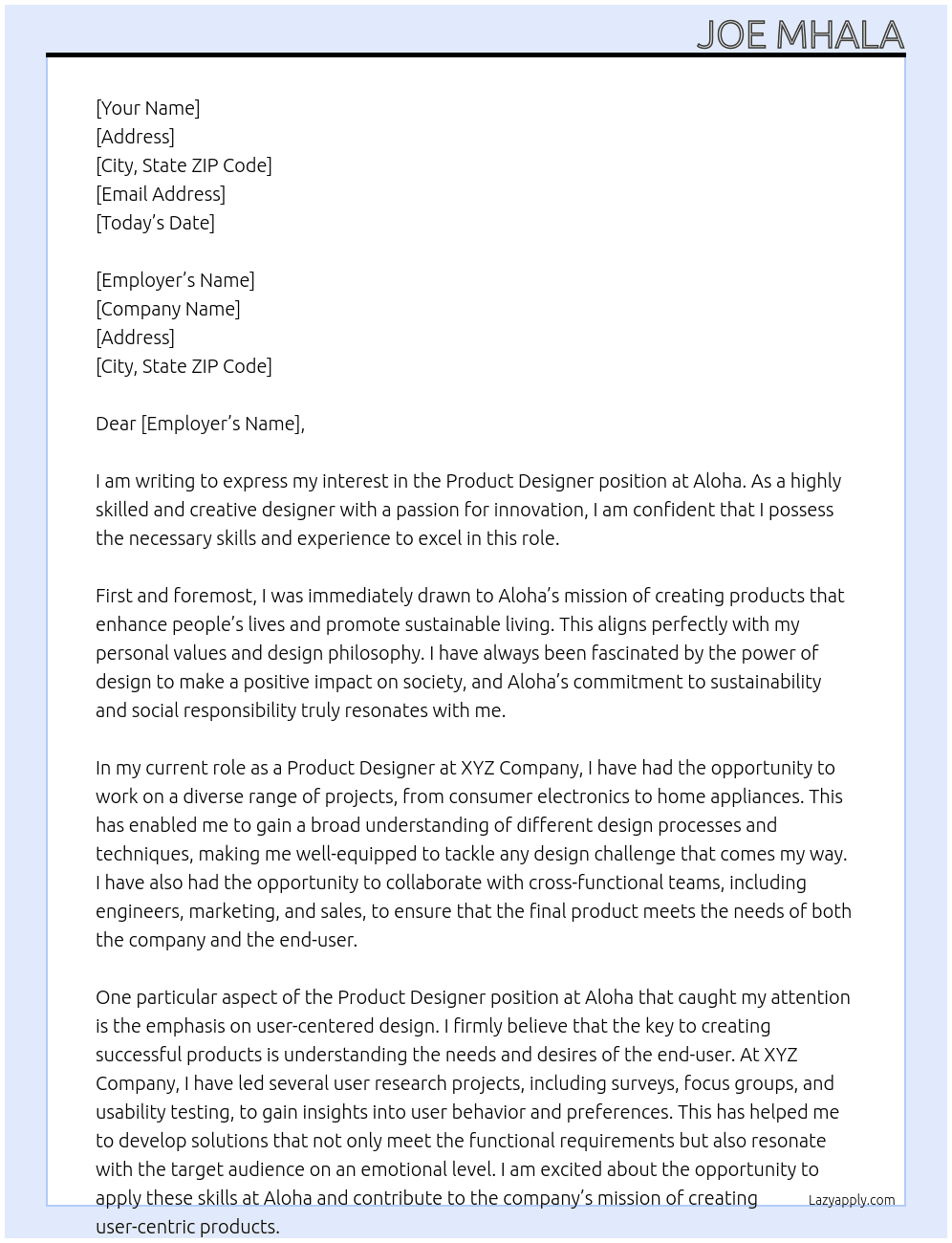 Product Designer At Aloha Cover Letter