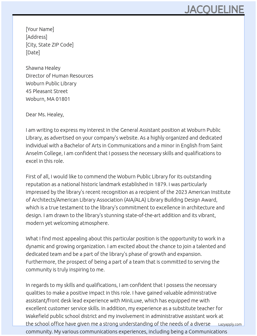 General Assistant At Woburn Public Library Cover Letter