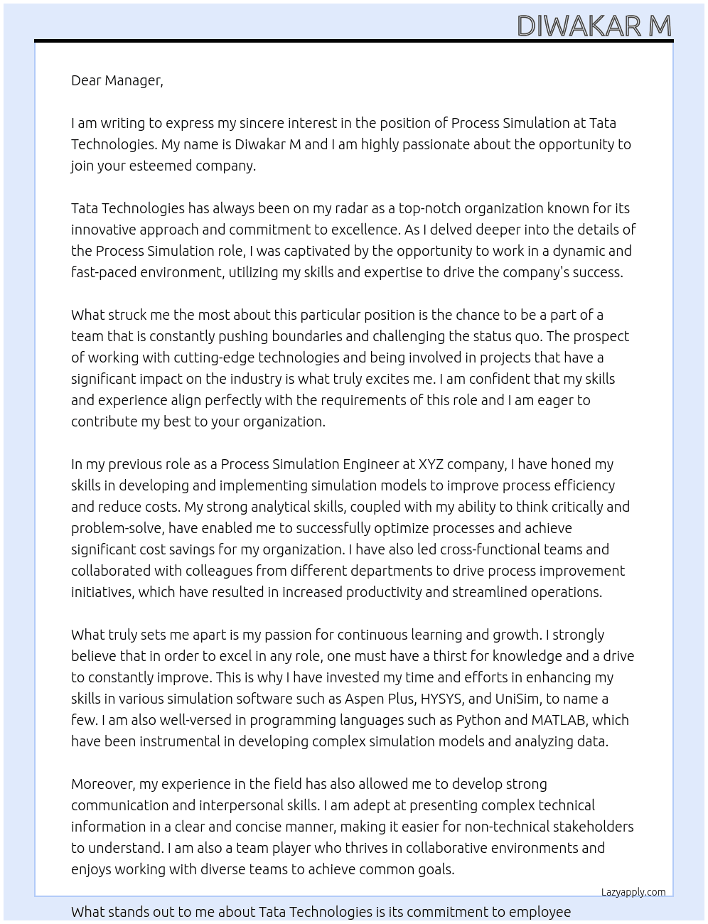 Process Simulation At Tata Technologies Cover Letter