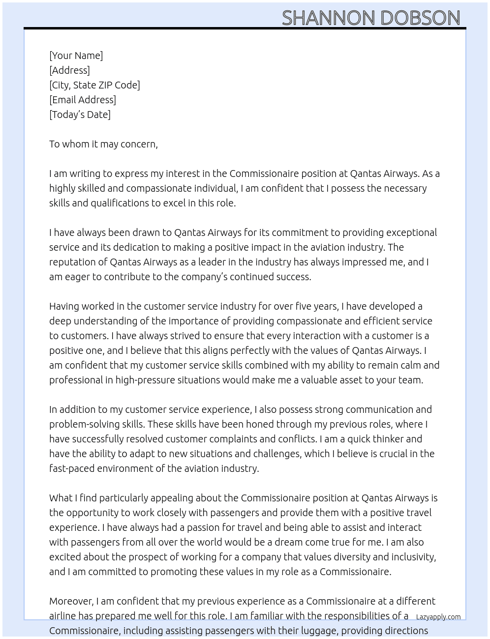 Commissionaire  At Qantas airways  Cover Letter