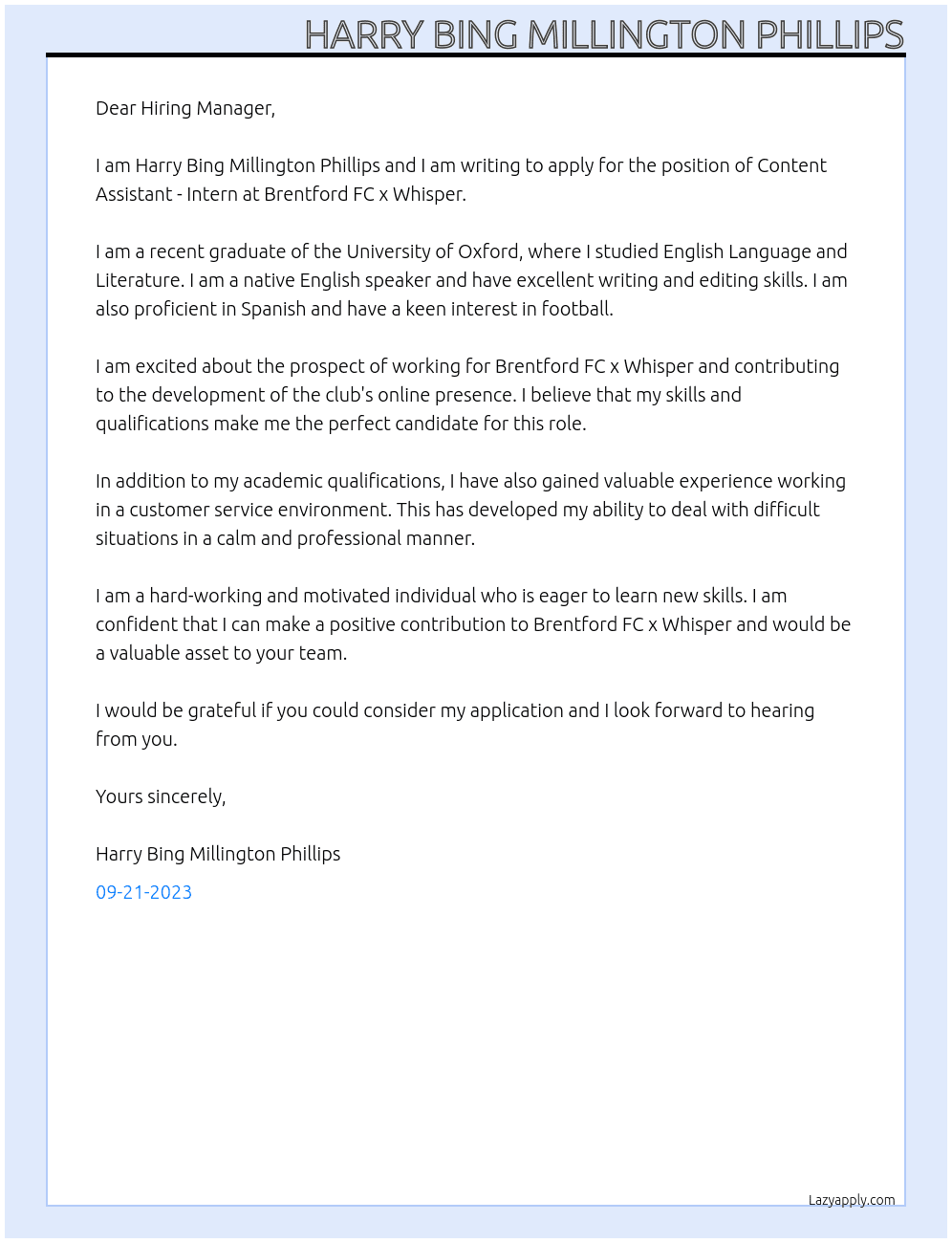 Content Assistant - Intern At Brentford FC x Whisper Cover Letter