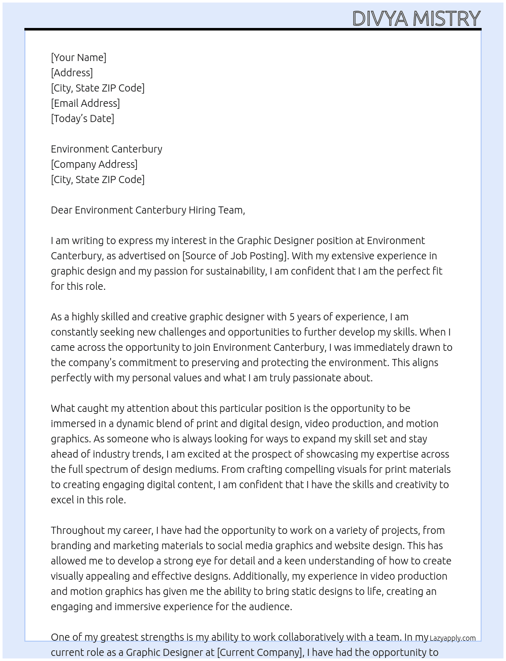 Graphic Designer At Environment Canterbury Cover Letter
