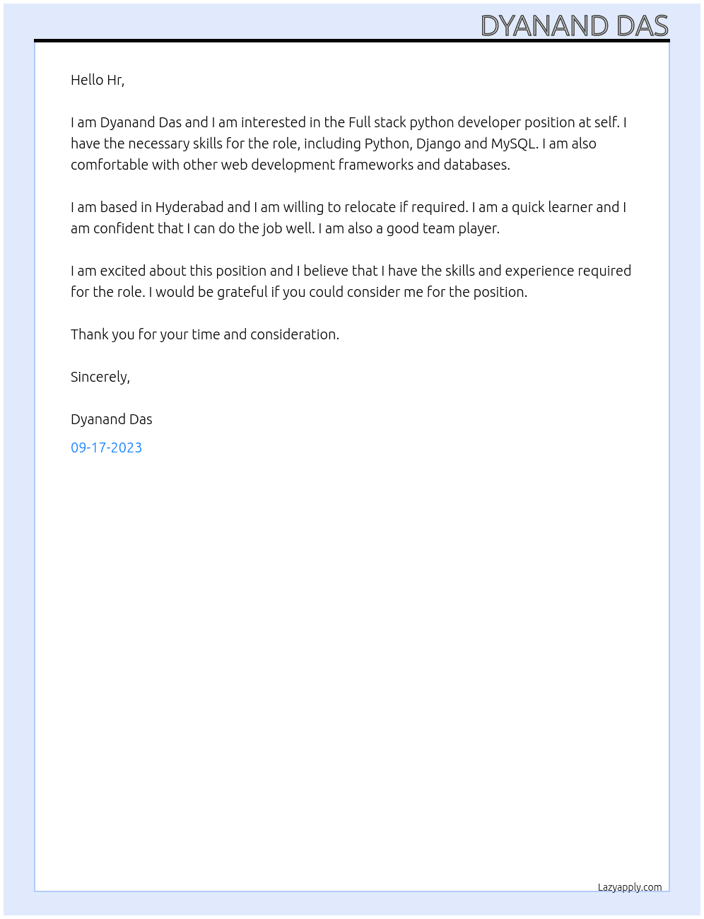 Full stack python developer At self Cover Letter
