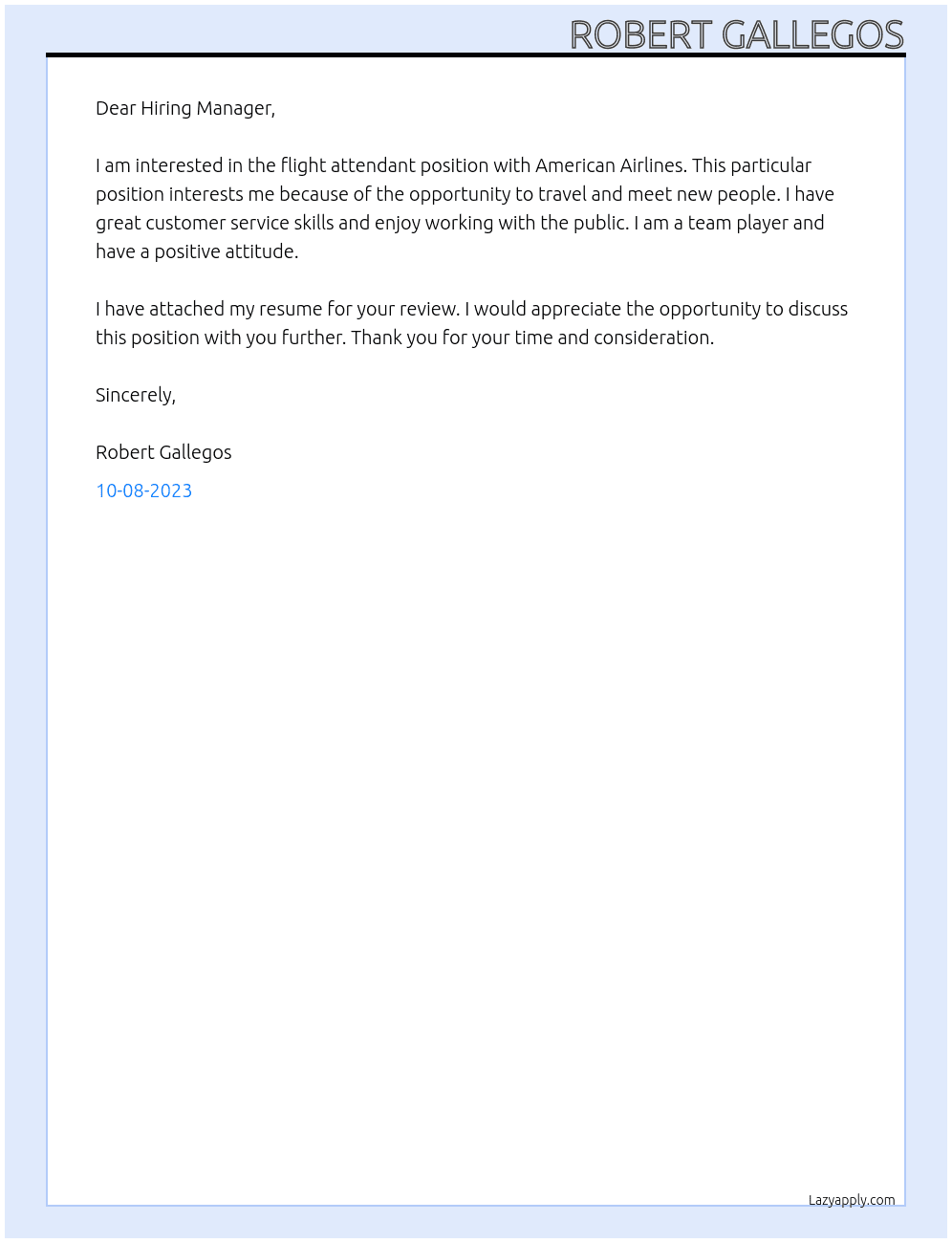 Flight Attendent At American AIrlines Cover Letter