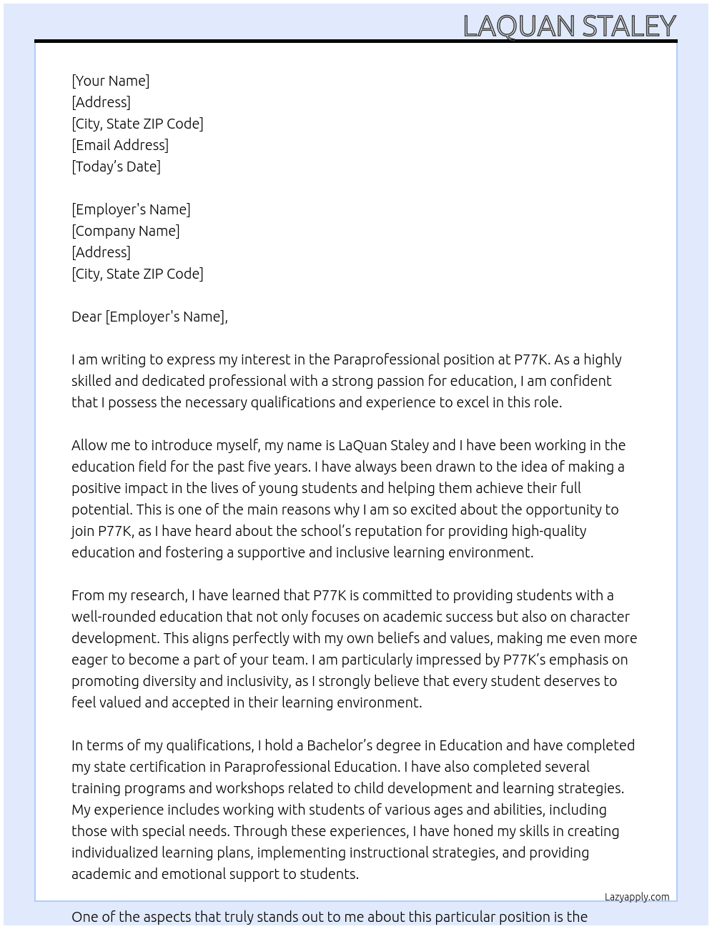 Paraprofessional  At P77K Cover Letter