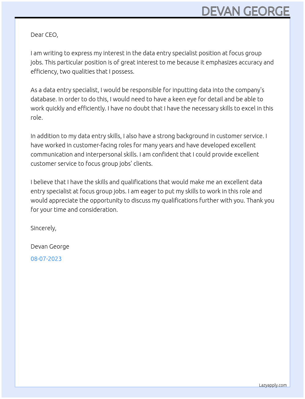data entry specialist At focus group jobs Cover Letter