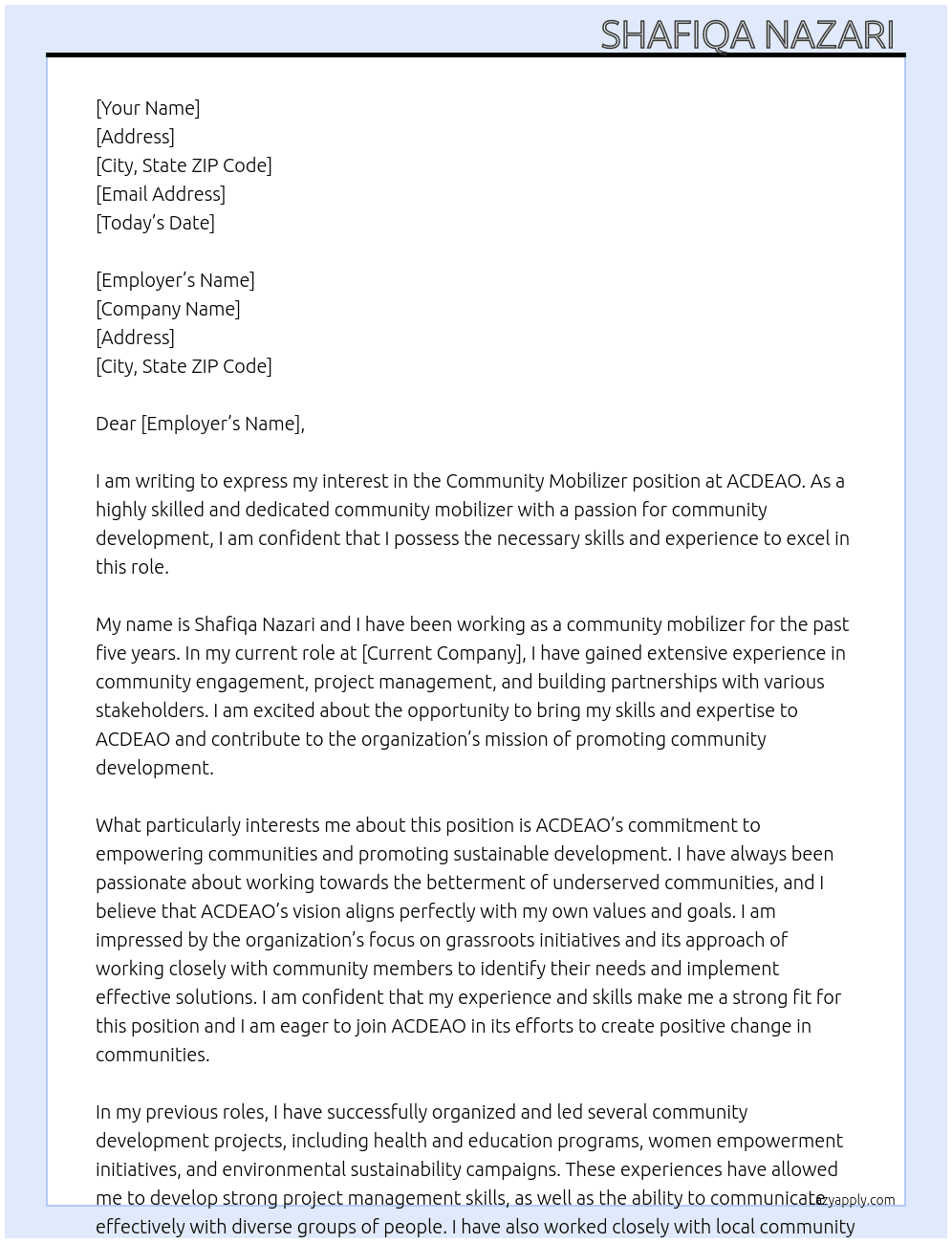 community mobilizer  At ACDEAO  Cover Letter