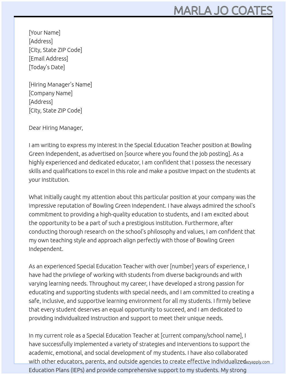 Special Education Teacher At Bowling Green Independent  Cover Letter