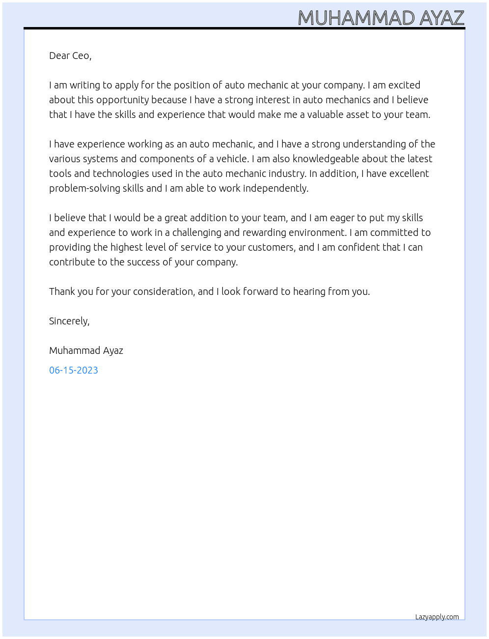 Auto mechanic At Auto mechanic company Cover Letter