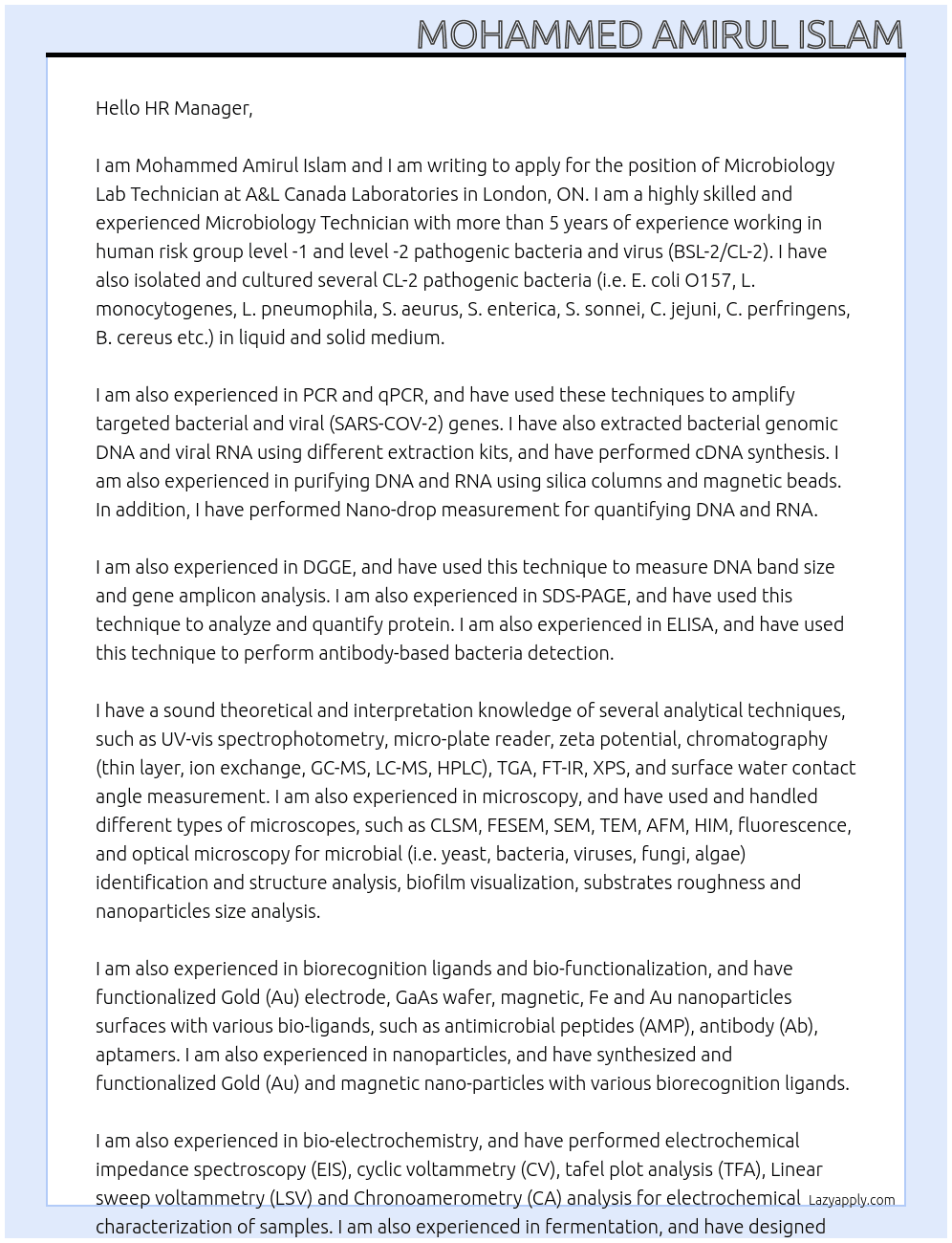 Microbiology Lab Technician At A&L Canada Laboratories in London, ON Cover Letter