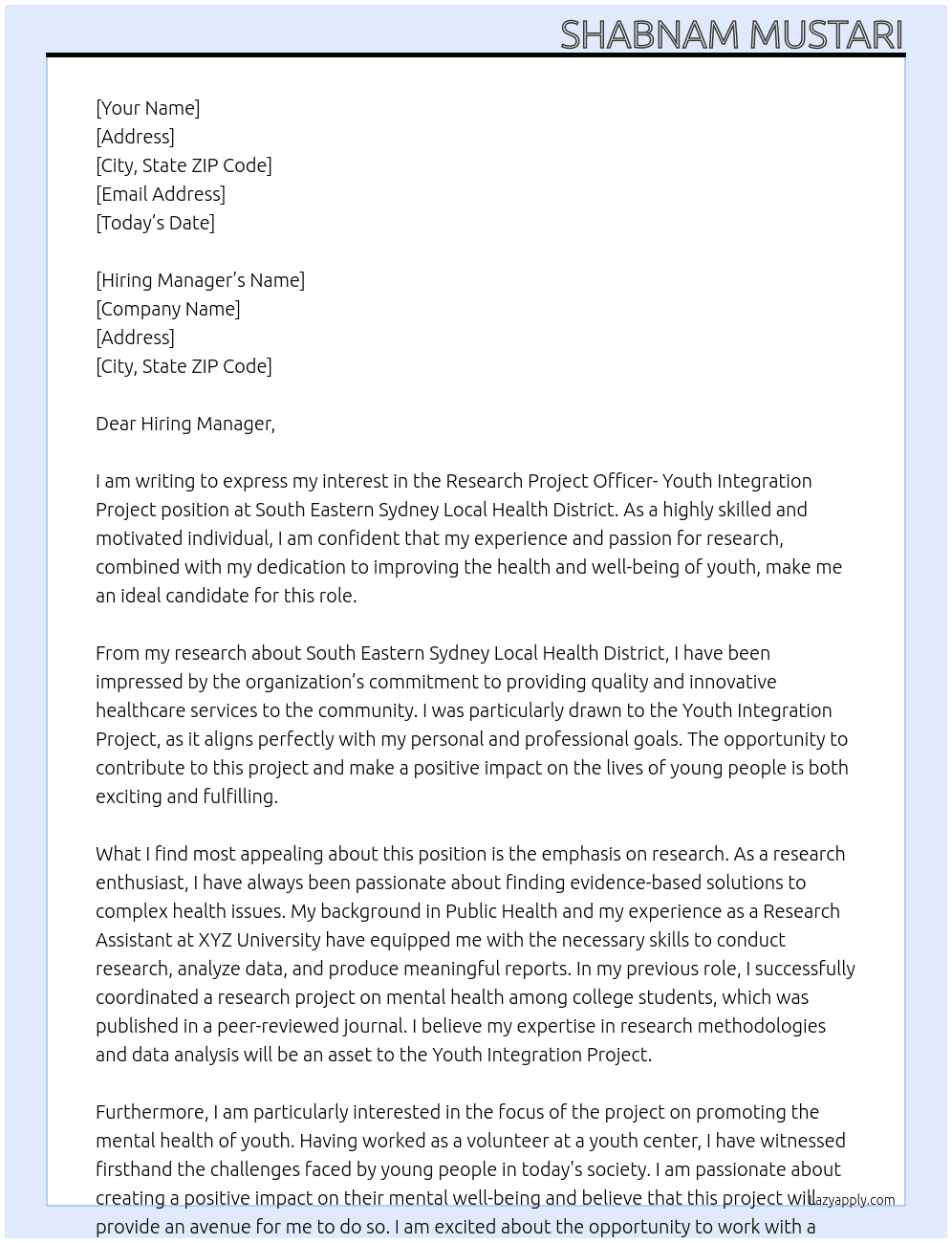 Research Project Officer- Youth Integration Project At South Eastern Sydney Local Health District Cover Letter
